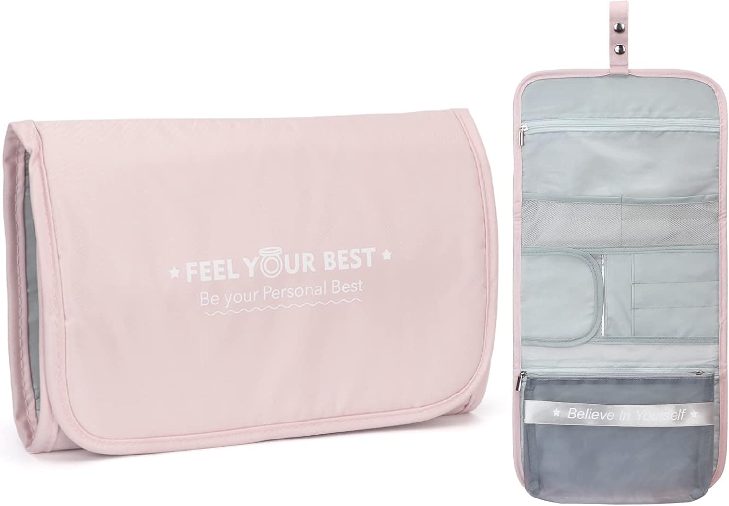 Unaikoo Travel Toiletry Bag, Hanging Toiletry Bag with Detachable Pocket, Portable Toiletry Cosmetic Organizer Bag for Men Women Pink
