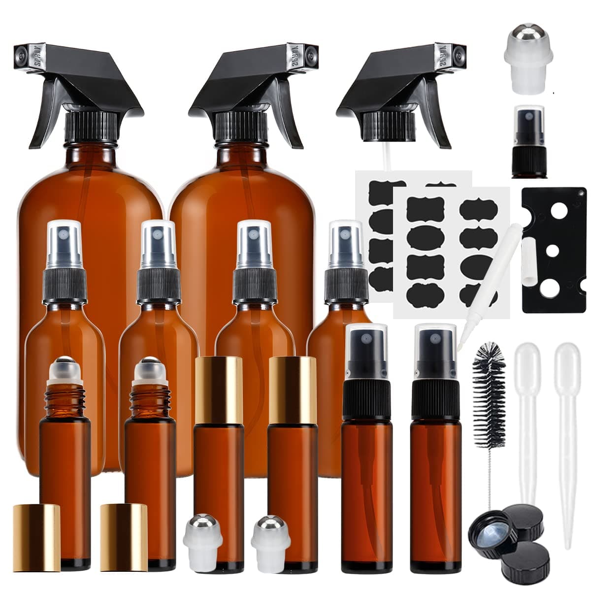 Glass Spray Bottle，MASSUGAR Amber Glass Spray Bottles Set Refillable Container for Essential Oil Bottle Kits - 2 x 16oz, & 4 x 2oz Spray Bottles & 6 x 10ml Roller Bottles for Essential Oils or Cleanin