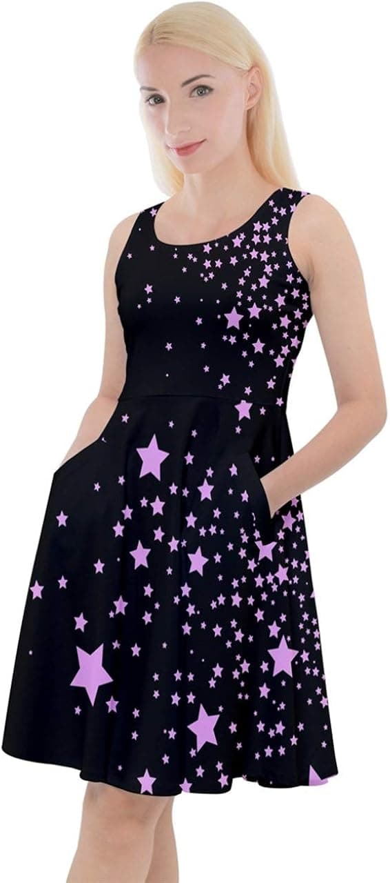 CowCow Womens Dress Starry Night Moon Stars Space Constellations Planets Mrs Frizzle Knee Length Pocket Skater Dress