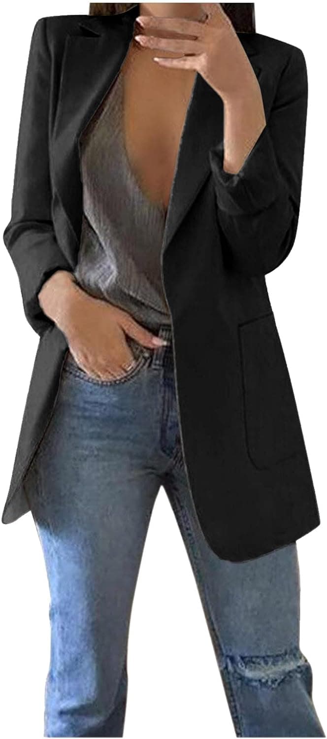 Women's Elegant Long Sleeve Blazer Pocket Jacket Solid Color Long Cardigan Outwear