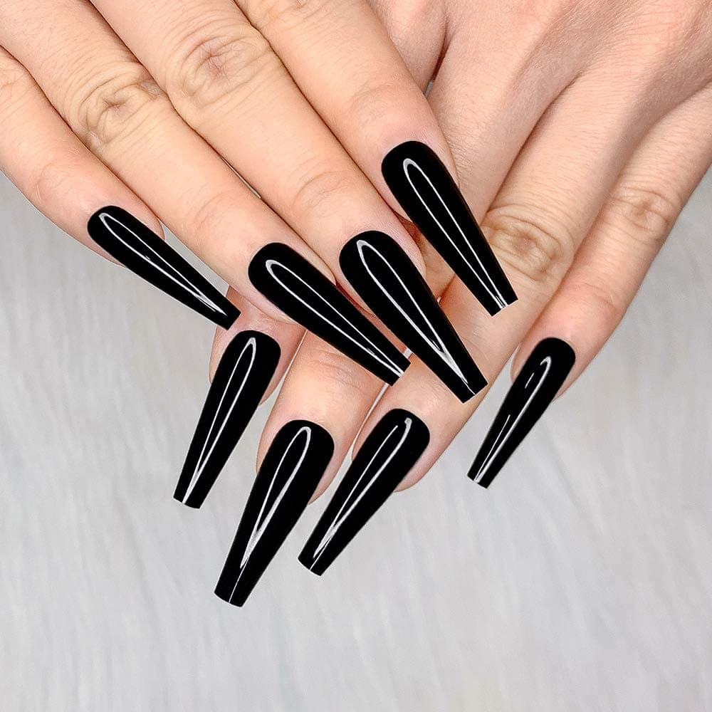 Artquee 24pcs Black Pure Color Ballerina Long Coffin Glossy Fake Nails Press on Nail False Tips Manicure for Women and Girls