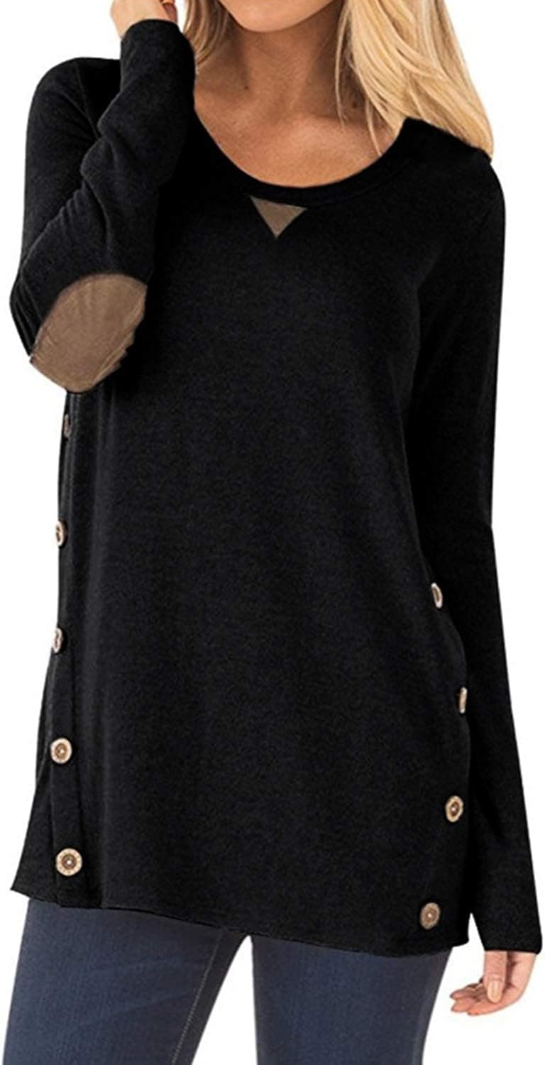 ZILIN Womens Faux Suede Elbow Patch T-Shirt Long Sleeve Letter Print Tunic Shirts Tops (Z-black, L)