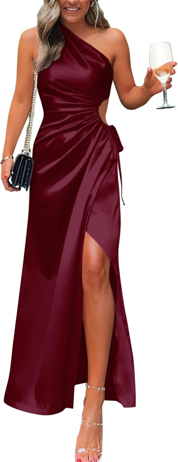 BTFBM Women 2023 One Shoulder Prom Dresses Sleeveless Cutout Ruched Adjustable Split Satin Party Cocktail Maxi Dress