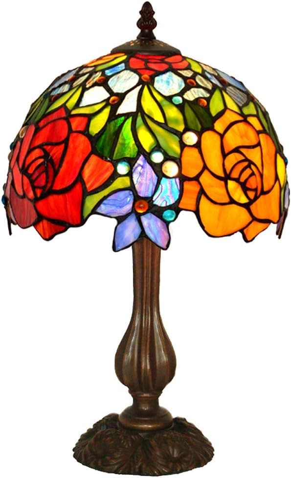 HT Tiffany Style Mini Table Lamp 10 Inch Wide Rose Design Stained Glass Shade Zinc Alloy Base 1-Light Traditional Handmade Lighting for Lover Corridor Entry Living Room Bedroom Bedside