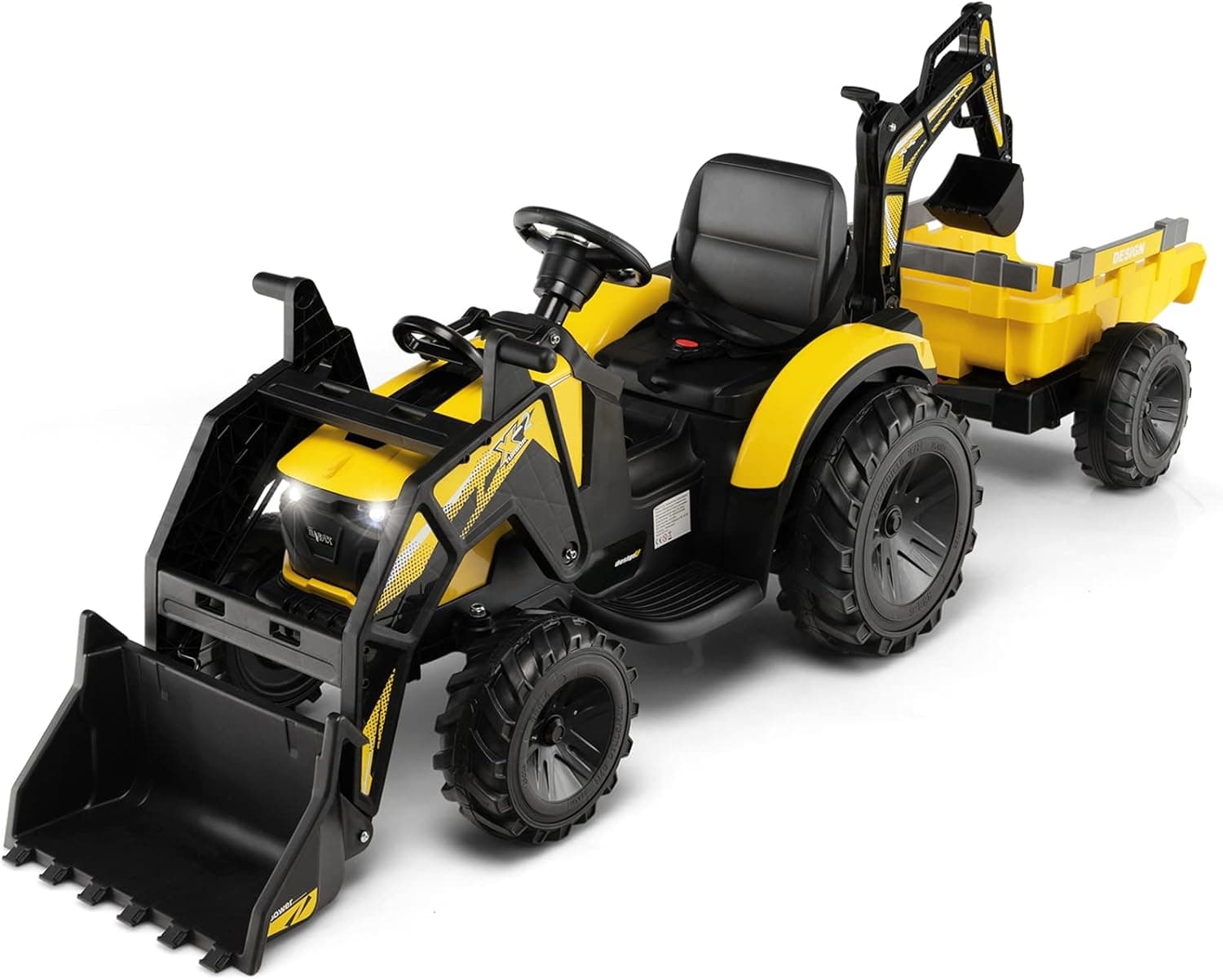 Costzon 3 in 1 Ride on Tractor, Excavator & Bulldozer, 12V Battery Powered Electric Vehicle w/Trailer, Shovel Bucket, Digger, Remote Control, LED Lights, Music, MP3 & USB Port, Ride on Car (Yellow)