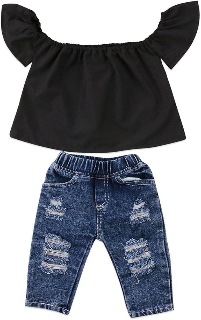 Emmababy Toddler Girls Clothes Kids Baby Off Shoulder Tops Fall Ruffle Sleeve Shirt+Ripped Jeans Long Pants Denim Outfits