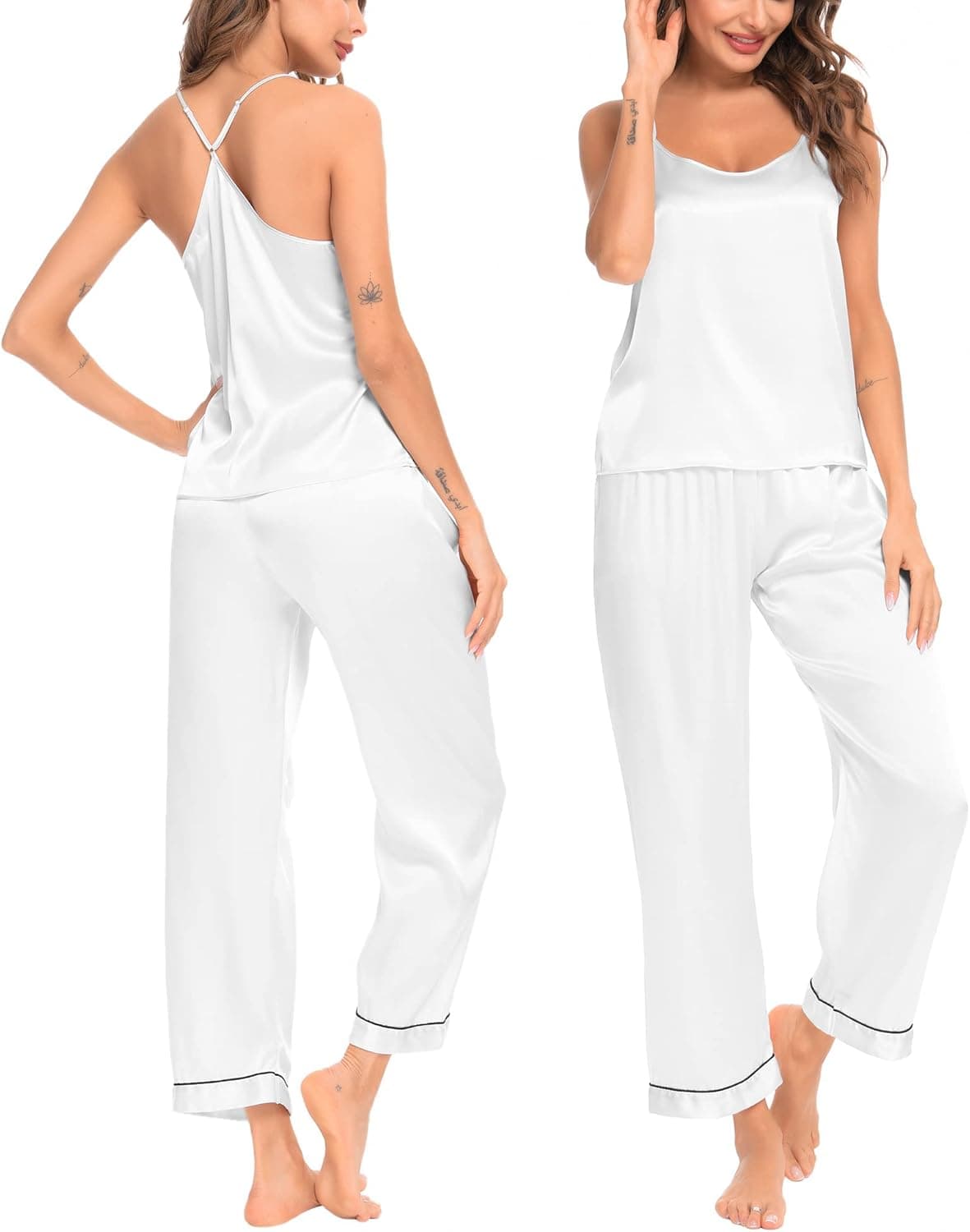 SWOMOG Women's Satin Pajama Set Silk Sleepwear Cami Nightwear Sexy Lingerie 2 Piece Top and Pants Pj Set