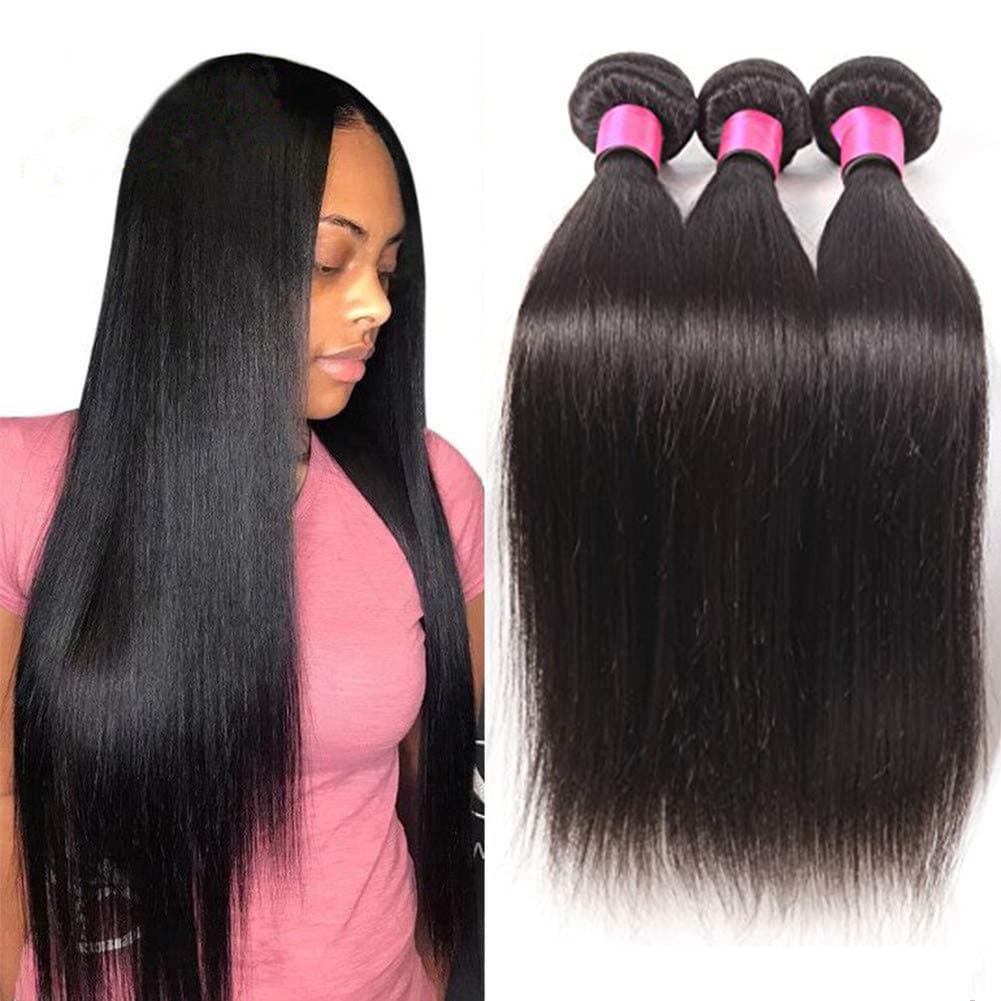 DFX Hair 8~30 inches Silky Straight Human Hair Bundles Virgin Brazilian Hair 8A Natural Black Color Weaving Pack of Three 100g/bundle (10 10 10)