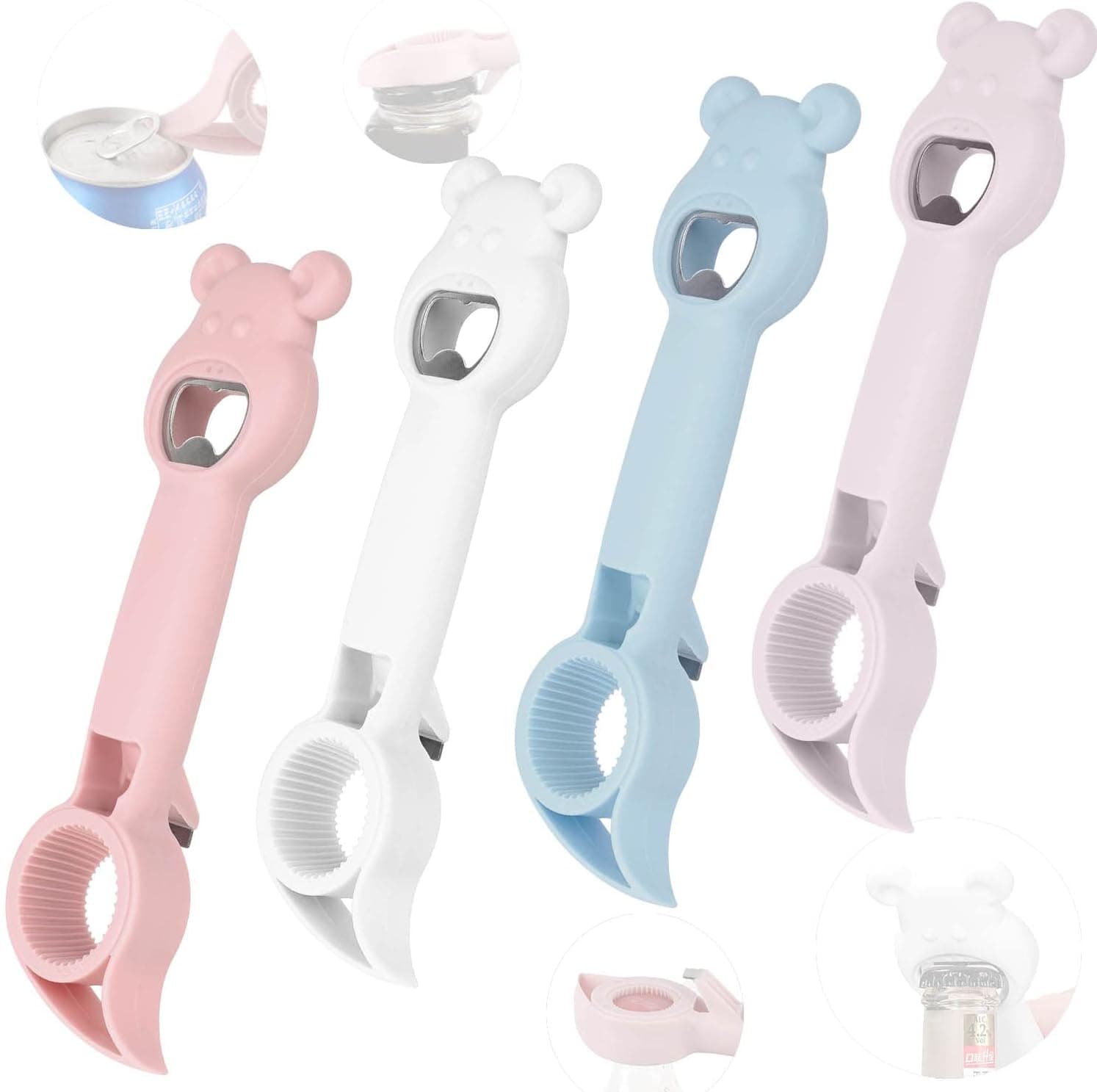 Beer Bottle Opener Multifunction Can Opener,4 in 1 Jar Opener Multi Kitchen Tool,Cute Bear Opener Pack Multi Function Opener Beer for World Cup Party Thanksgiving Christmas New Year Gift (4 PCS)