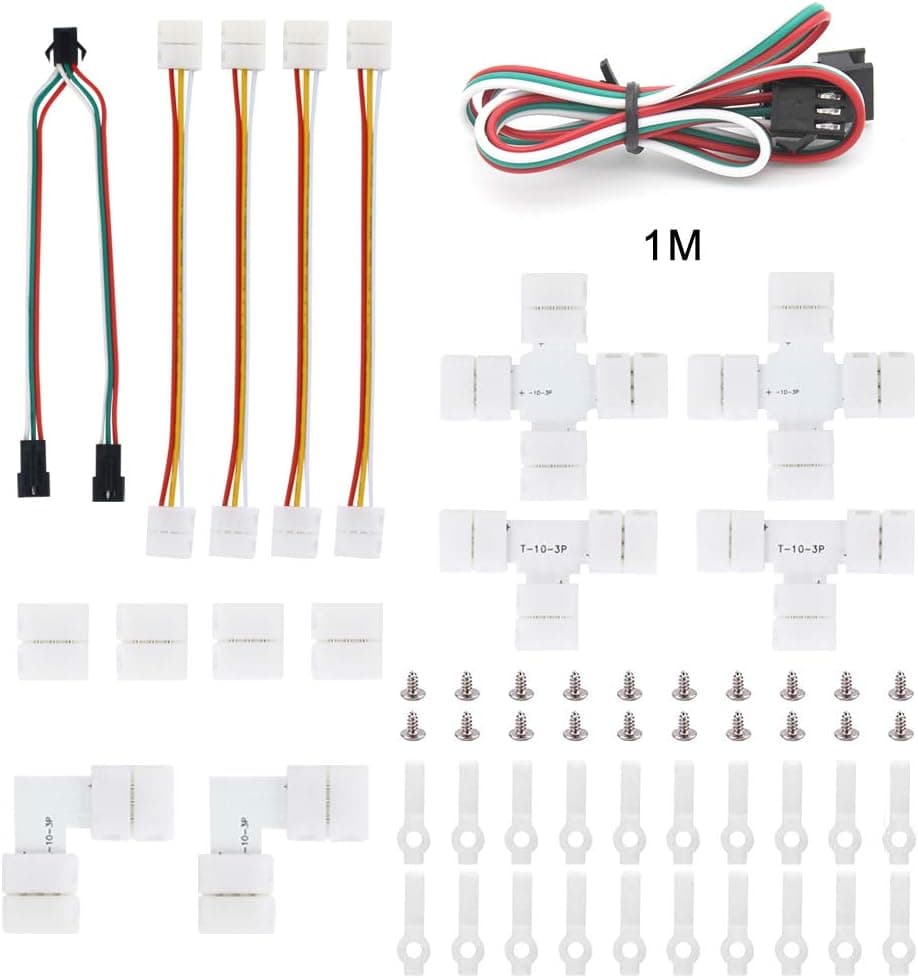 RGBZONE 3Pin 5050 RGB Dream Color LED Connector Kits,Includes Solderless Led Strip Jumper Connectors,Extension Cable,Plugs,Provides Most Parts for DIY