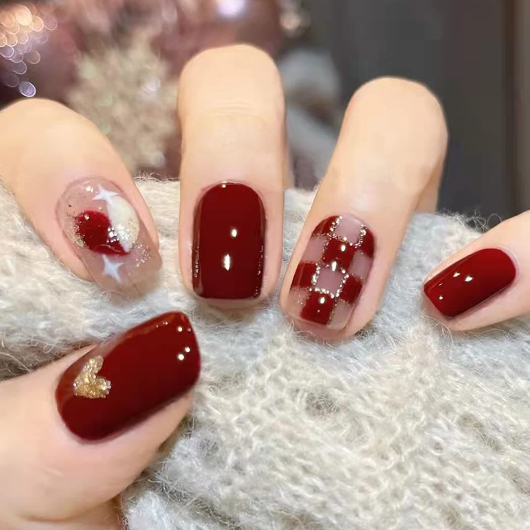 Eaytmo Square Press on Nails Short Fake Nails Tips Full Cover Acrylic False Nails With Design Fingernails Faux Nails Daily Office Party Natural Stick on Nails for Women and Girls（24Pcs) (Red Grid)