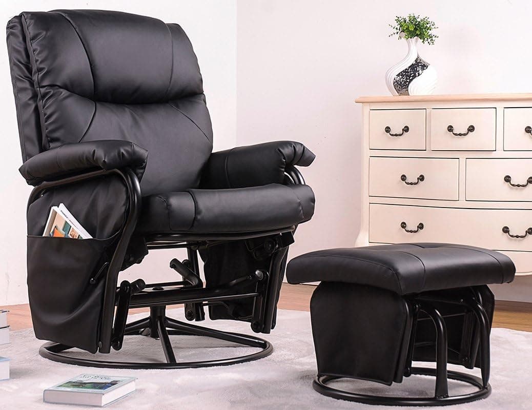 Merax® Glider Recliner Chair with Ottoman Black Pu Leather Swivel Glider Recliner