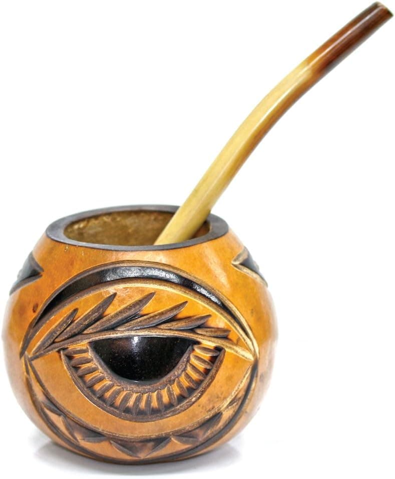 Tealyra - Yerba Mate Gourd - Eye Design - Hand Made Carved - Bamboo Bombilla Straw - Set - Made in Argentina - Traditional Drinking Gourd - Authentic Argentinian Mate Cup (#1610)
