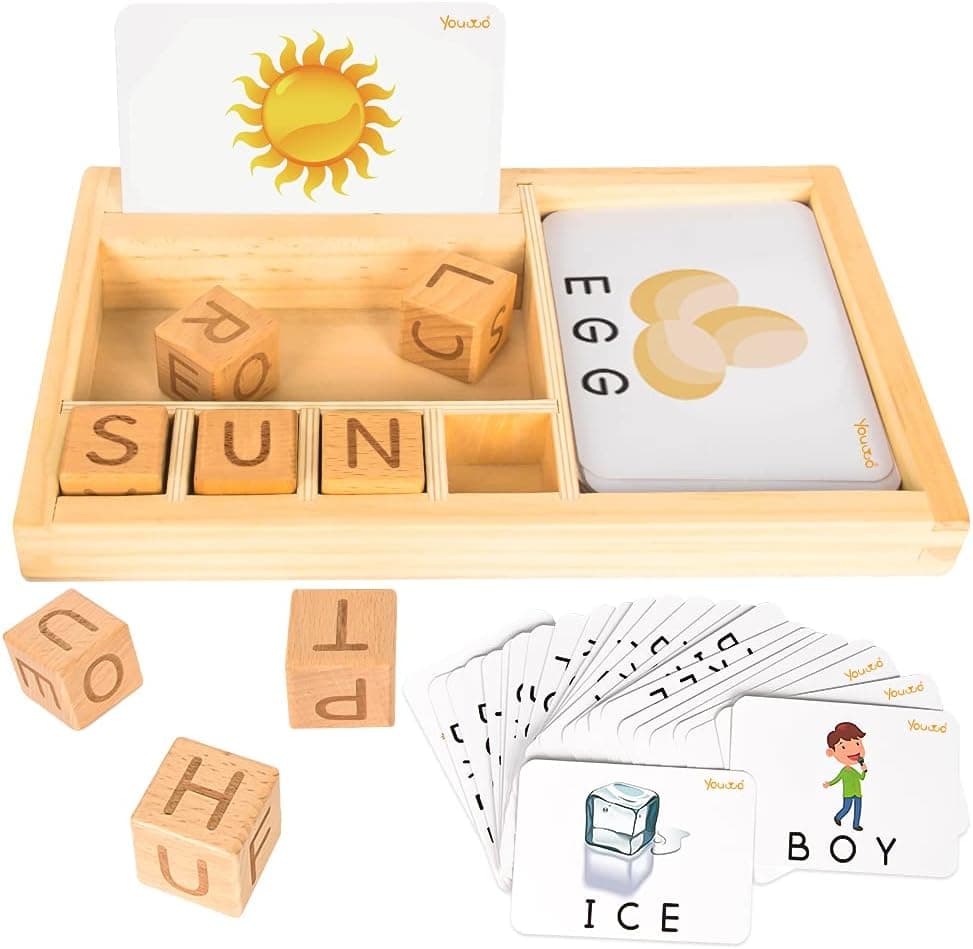 Youwo Matching Letter Flash Cards, Preschool Alphabet Puzzles, Montessori ABC Wooden Letters Learning Activities, Kids Spelling Words Games, Educational Toys for 3 Year Old