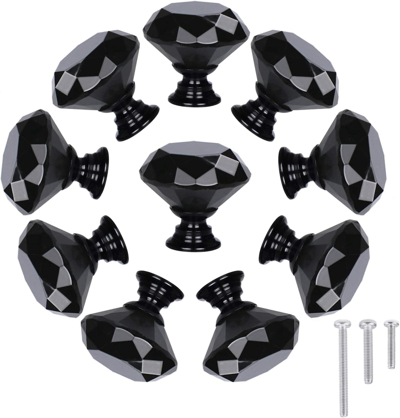 STMK 10 Pack Drawer Knobs, Drawer Pulls Black Diamond Shaped Crystal Glass 30mm Cabinet Knobs Pull Handles with Screws for Home Office Cabinet Cupboard Chest Dresser (10 Pack 30 mm, Black)