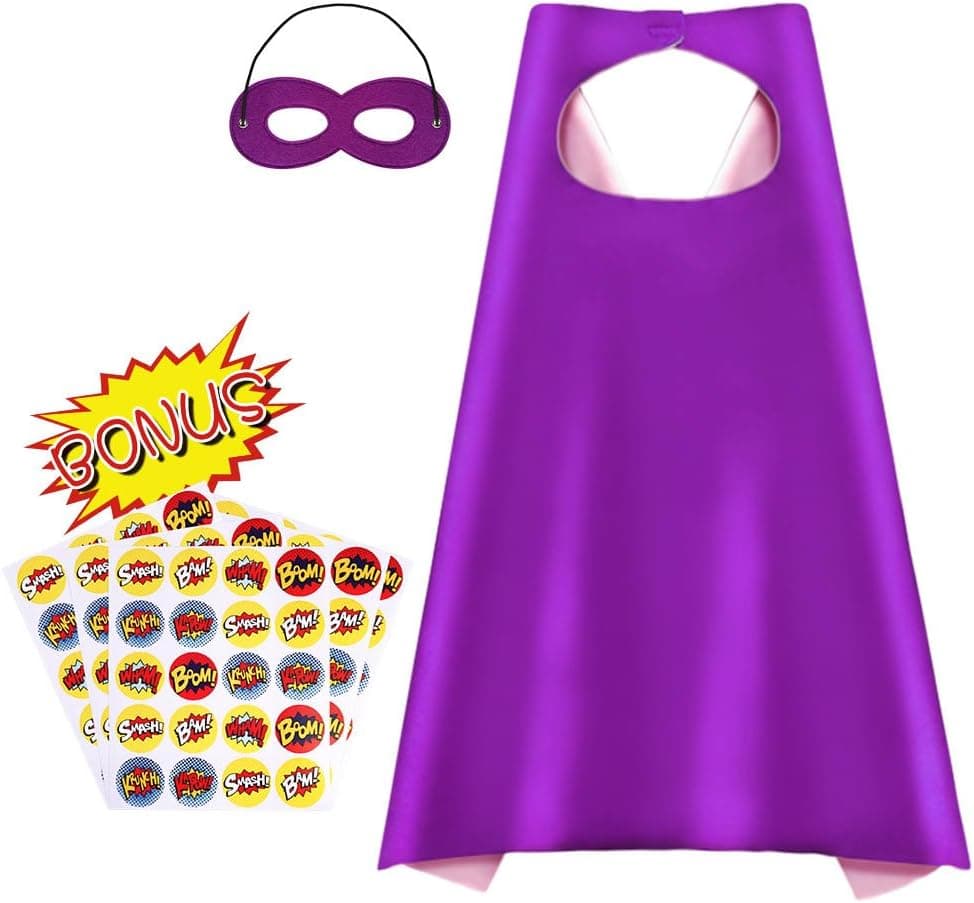 AIMIKE Superhero Capes, Reversible Costume with Mask & Superhero Stickers for Kids Purple-Pink