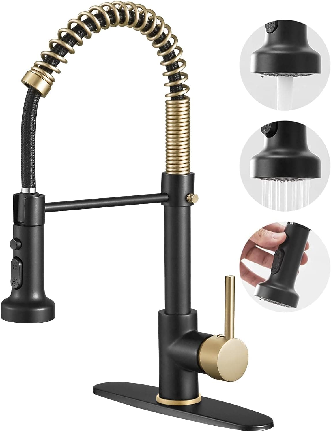 BESy Commercial Kitchen Faucet with Pull Down Sprayer, Single Handle Spring Rv Kitchen Sink Faucet with Pull Out Sprayer, 3 Function Laundry Faucet with Cover Plate, Matte Black & Brushed Gold