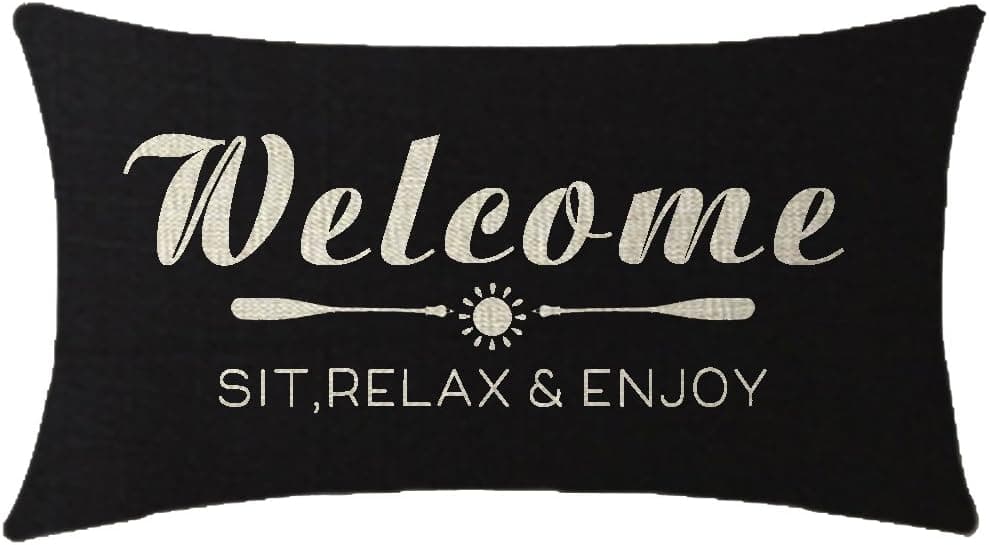 Nice Gift with Funny Words Letters Welcome Sit Relax and Enjoy Lumbar Black Cotton Linen Throw Pillow Case Cushion Cover Sofa Decorative Oblong 12x20 Inches
