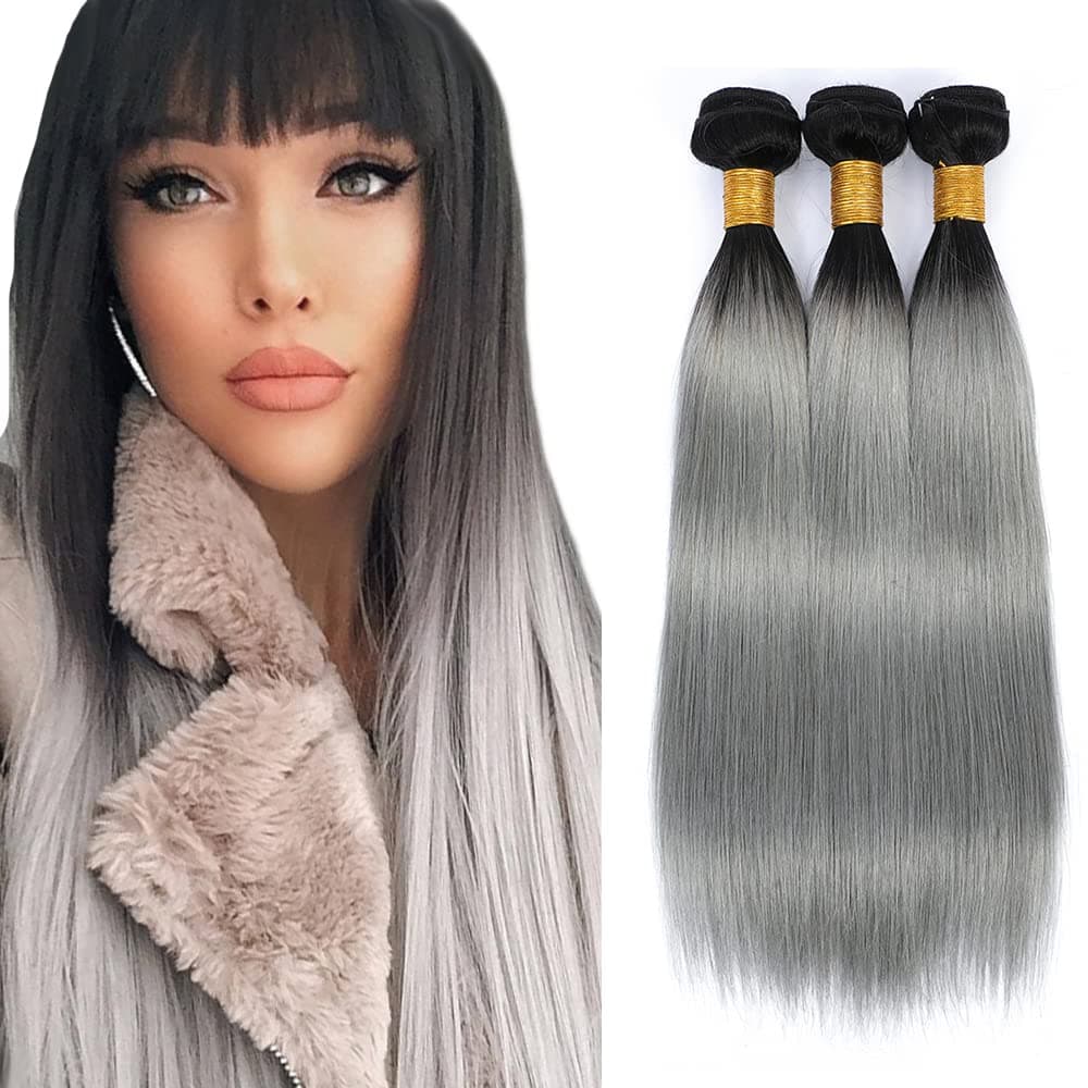 1B Grey Bundles Straight Brazilian Remy Human Hair 3 Bundles 8 10 12 Inch Hair Weaves Black To Grey Real Unprocessed Virgin Hair Weaves Straight Hair Bundle For Women