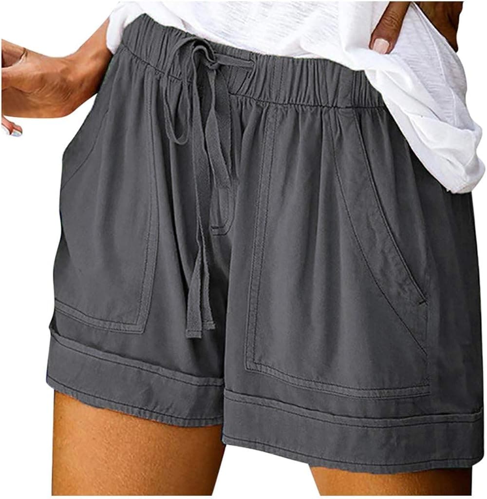 WUAI-Women Casual Shorts Plain Drawstring Elastic Waist Outdoor Comfy Workout Shorts Plus Szie Summer Beach Shorts