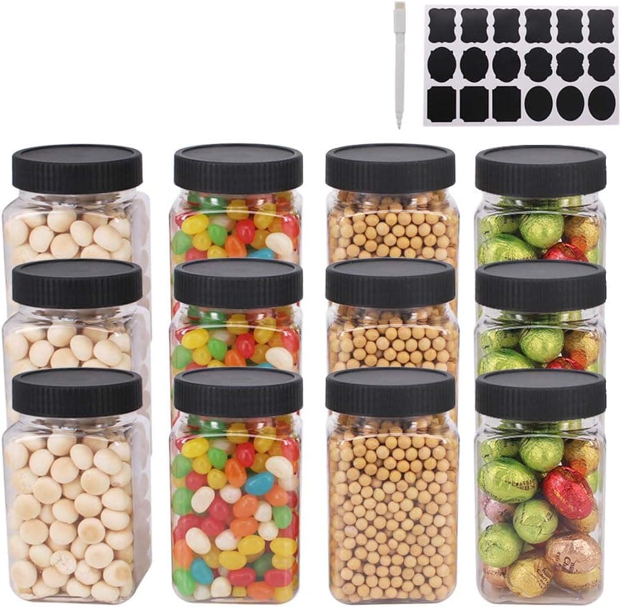 zmybcpack 12 Pack 12OZ(350ml) Clear Empty Plastic Jars with Lids & Labels, 1 Pen - BPA Free Food Storage Containers for Dry Food, Peanut, Powder, Spice, Kitchen & Craft Storage Plastic Slime Jar