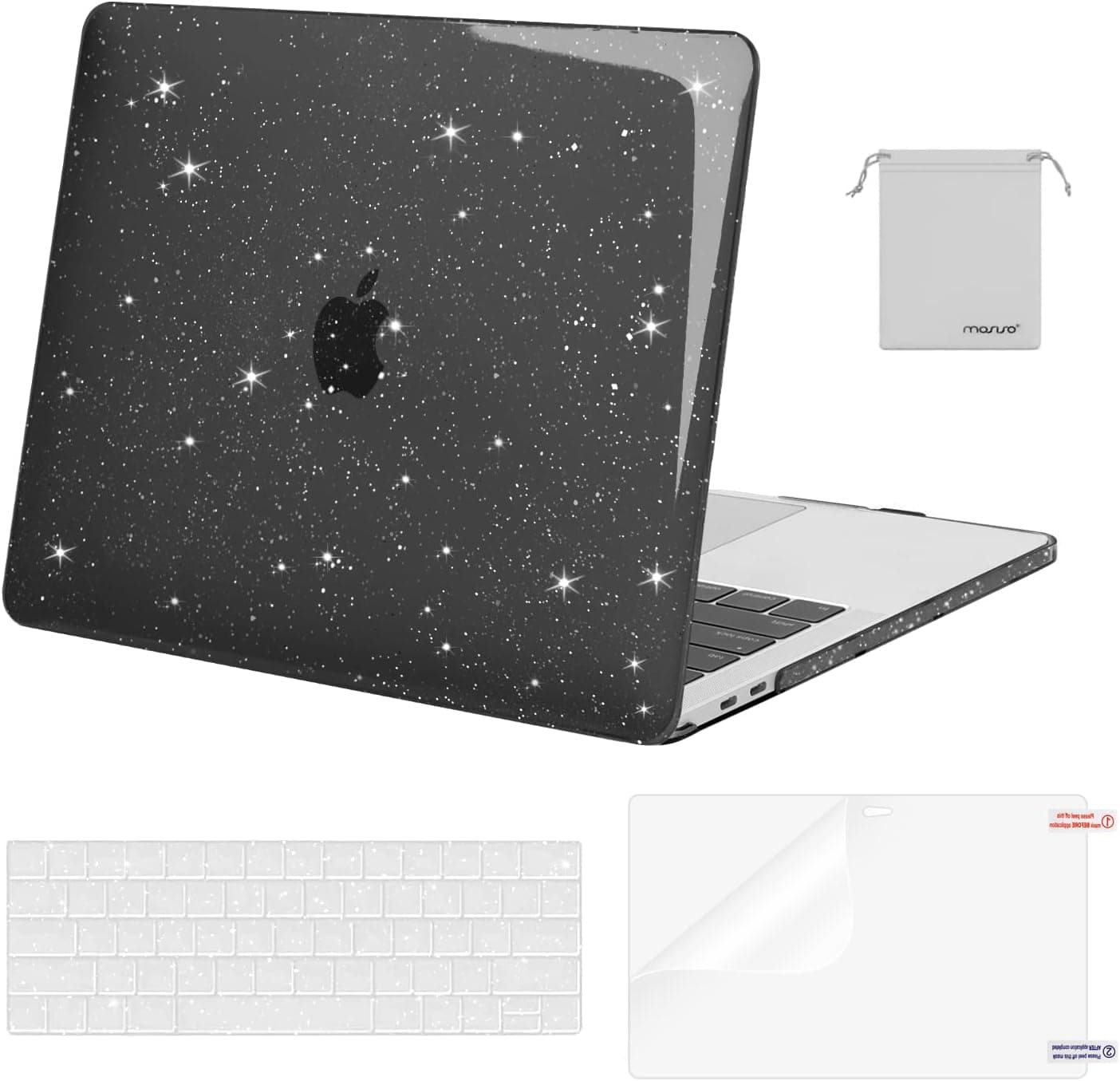 MOSISO Compatible with MacBook Pro 13 inch Case M2 2023, 2022, 2021-2016 A2338 M1 A2251 A2289 A2159 A1989 A1708 A1706, Sparkly Plastic Hard Shell Case&Keyboard Skin&Screen Protector&Pouch, Black