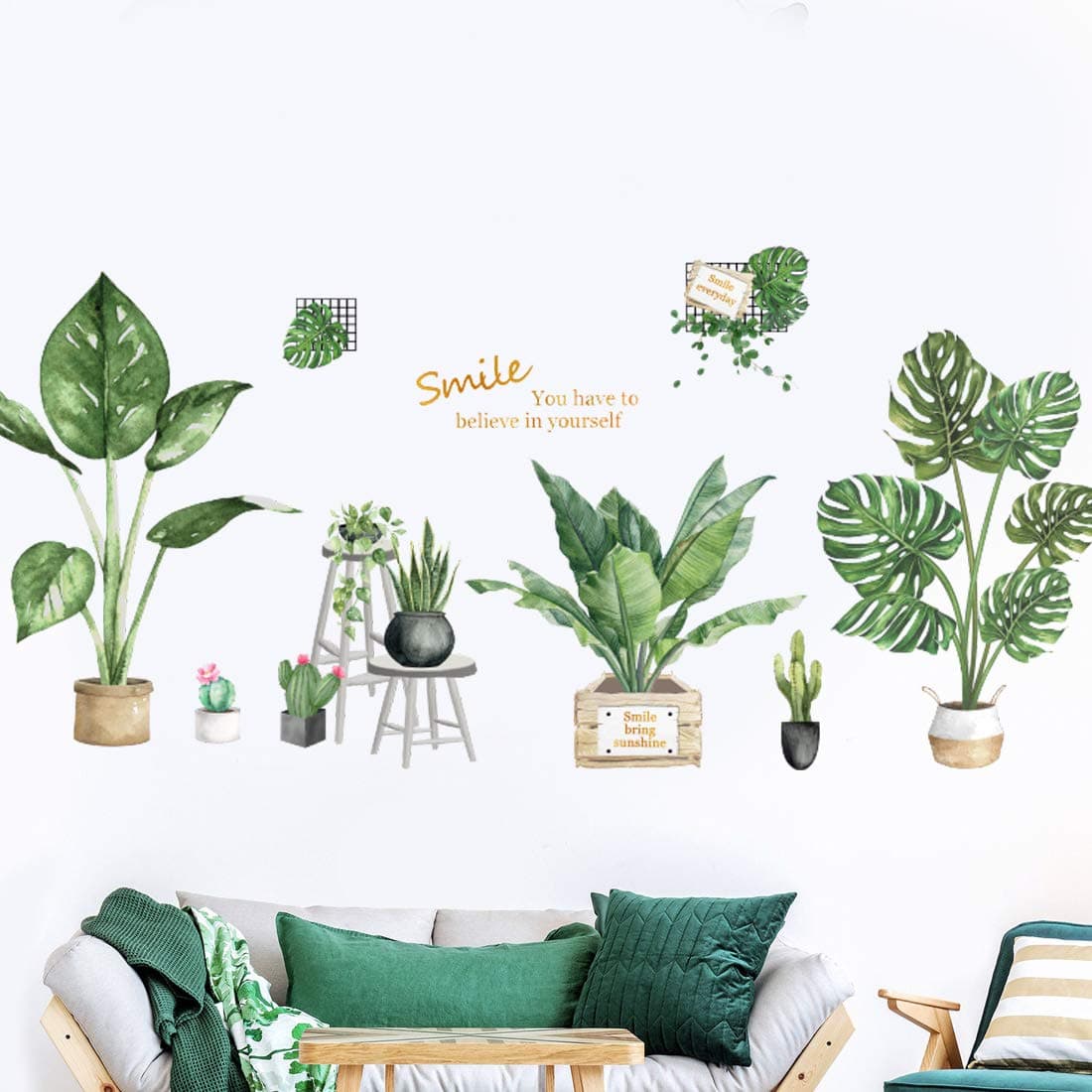 Tropical Plants Green Leaves Wall Stickers for Living Room Bedroom Nursery Classroom Offices Wall Decals Art Murals Home Decoration…
