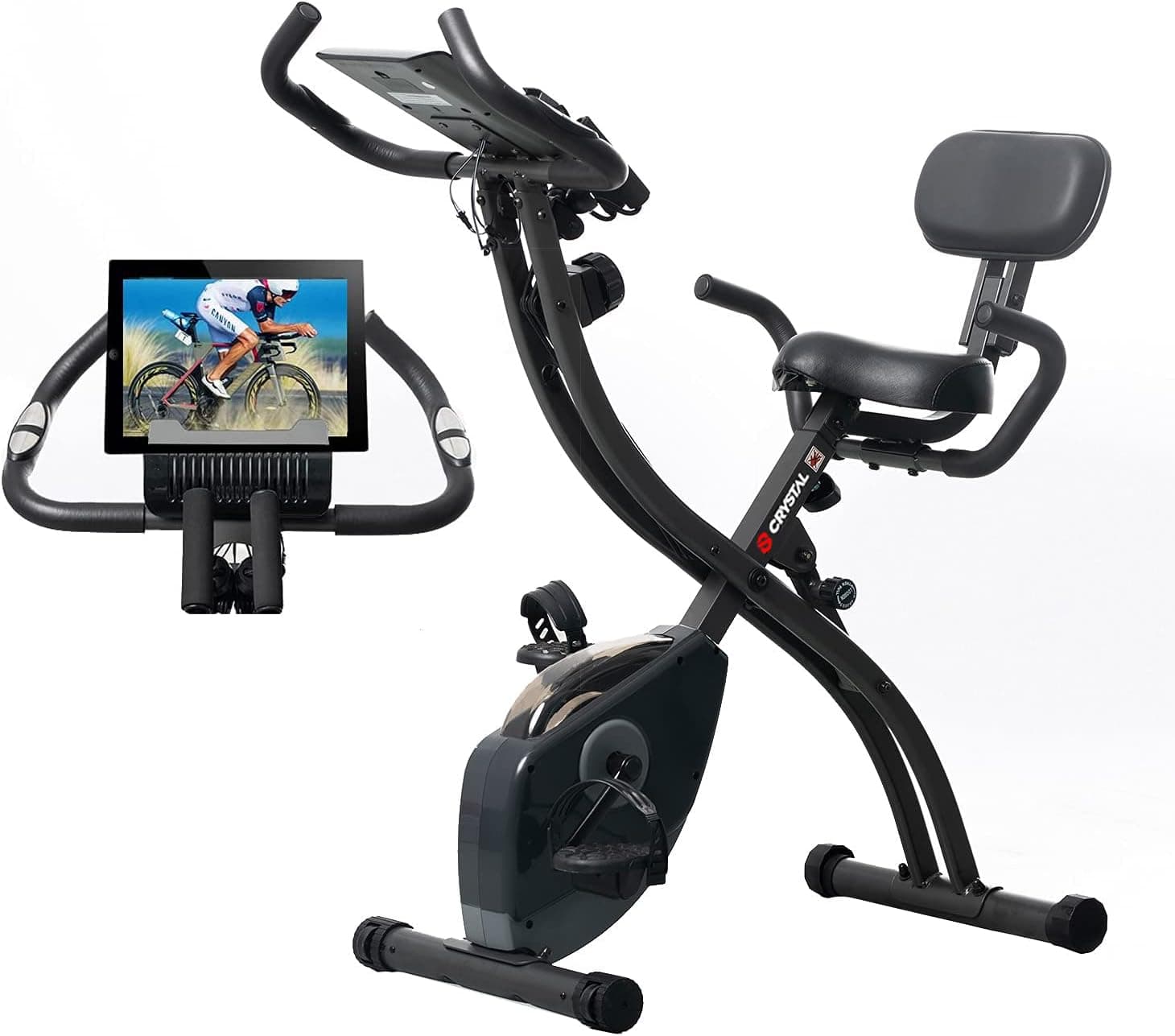 CRYSTAL FIT Indoor Folding Exercise Bike, 3 in 1 Foldable Stationary Bike, 8 Levels Magnetic Indoor Cycling Bike with Resistant Bands, Heart-Rate Monitor, LCD Dial for Home Gym Workout
