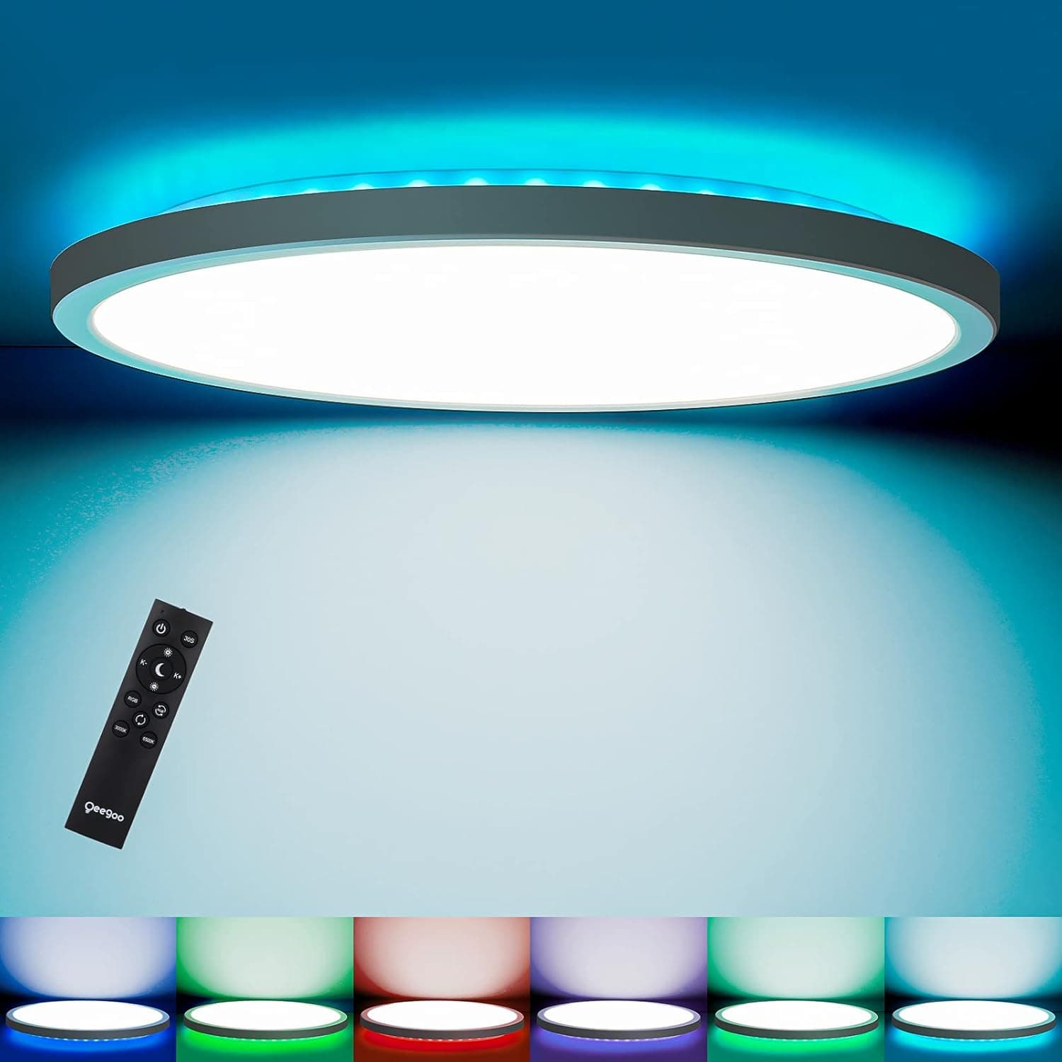Oeegoo RGB Led Flush Mount Ceiling Light with Remote, 12inch 24W 2400LM, Round Thin Dimmable Ceiling Lamp, Modern Low Profile Ceiling Light Fixture for Bedroom Kitchen Living Room, 3000k-6500k, White