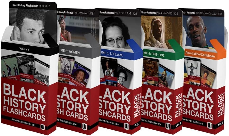 Urban Intellectuals Black History Flashcards – Volume 1-5 Bundle Pack – Education Resources for High School – Black/African American Heroes – Exceptional Inventors and Leaders – Trivia Games and Gifts
