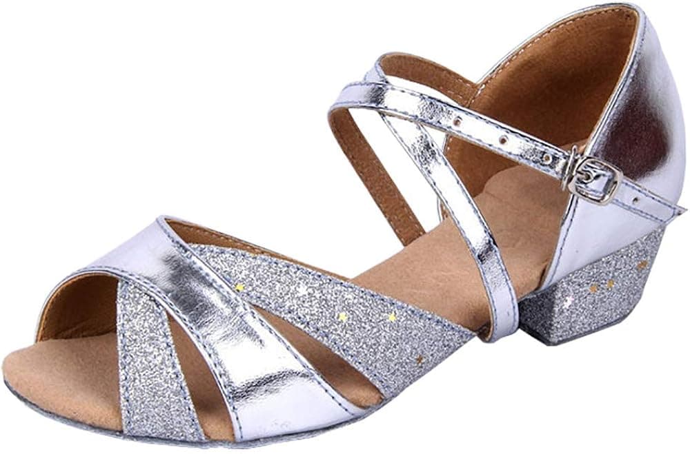 missfiona Girls Soft-Soled Glittering Latin Ballroom Dance Shoes Kids Low Heels