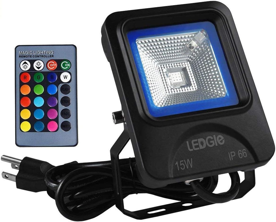 LEDGLE 15W RGB LED Flood Lights, Outdoor Color Changing Floodlight with Remote Control, IP66 Waterproof 16 Colors 4 Modes Dimmable Wall Washer Light, Stage Lighting with US 3-Plug