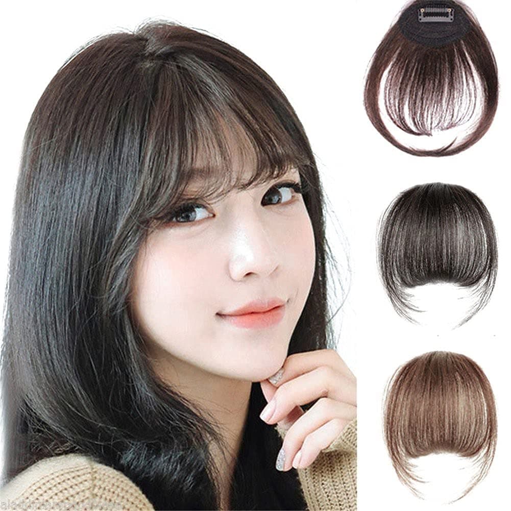 Remeehi Mini Air Flat Bangs/Fringe Hair Extensions Real Human Hair Hand Tied Bangs with Side Temples (Reddish Brown)