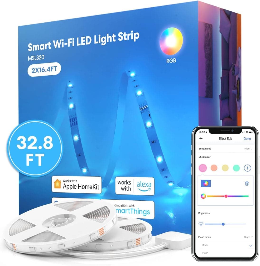 Smart LED Strip Lights Works with Apple HomeKit, 32.8ft WiFi RGB Strip, Compatible with Siri, Alexa&Google and SmartThings, App Control, Color Changing Light Strip for Bedroom, Upstairs, and Festivals