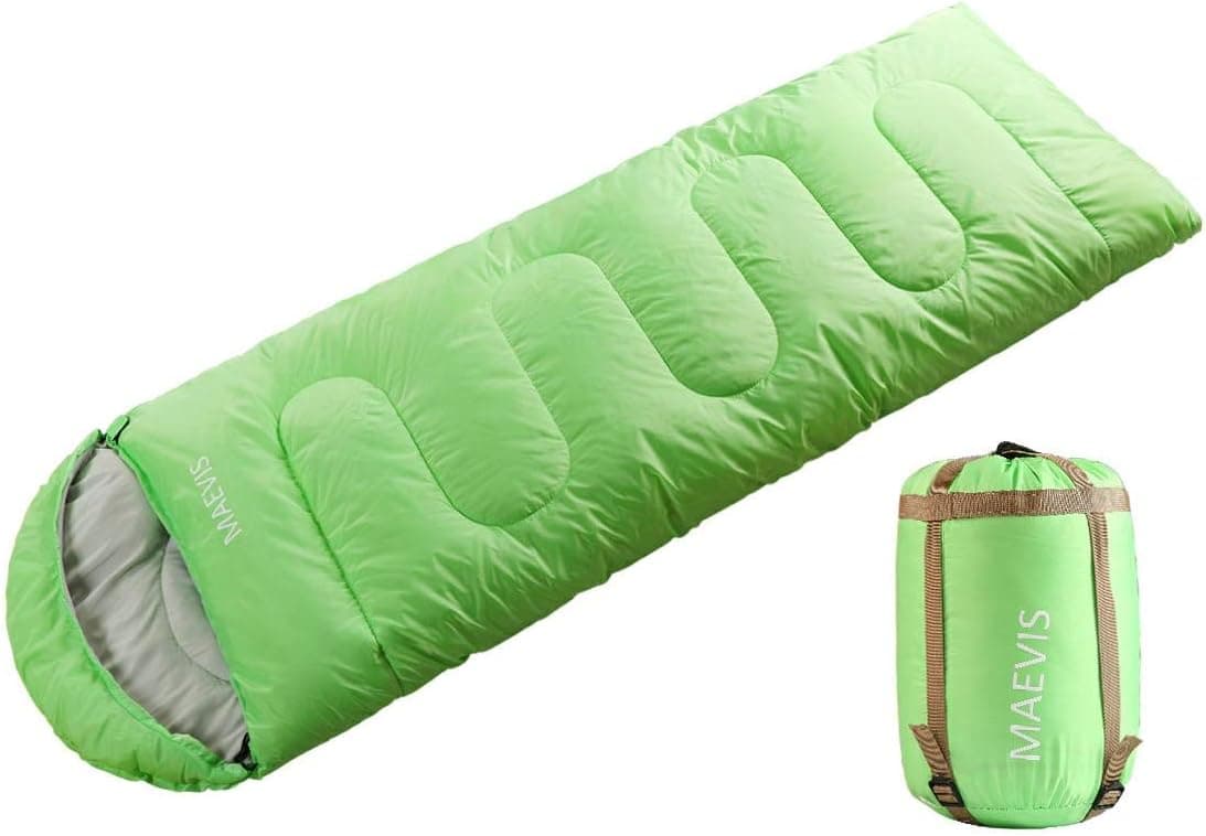 MAEVIS Camping Sleeping Bag - 3 Season - Winter, Spring, Fall, Envelope Lightweight Portable, Waterproof for Adults & Kids - Camping Gear Equipment, Traveling, Hiking and Outdoors Green - Left Zip
