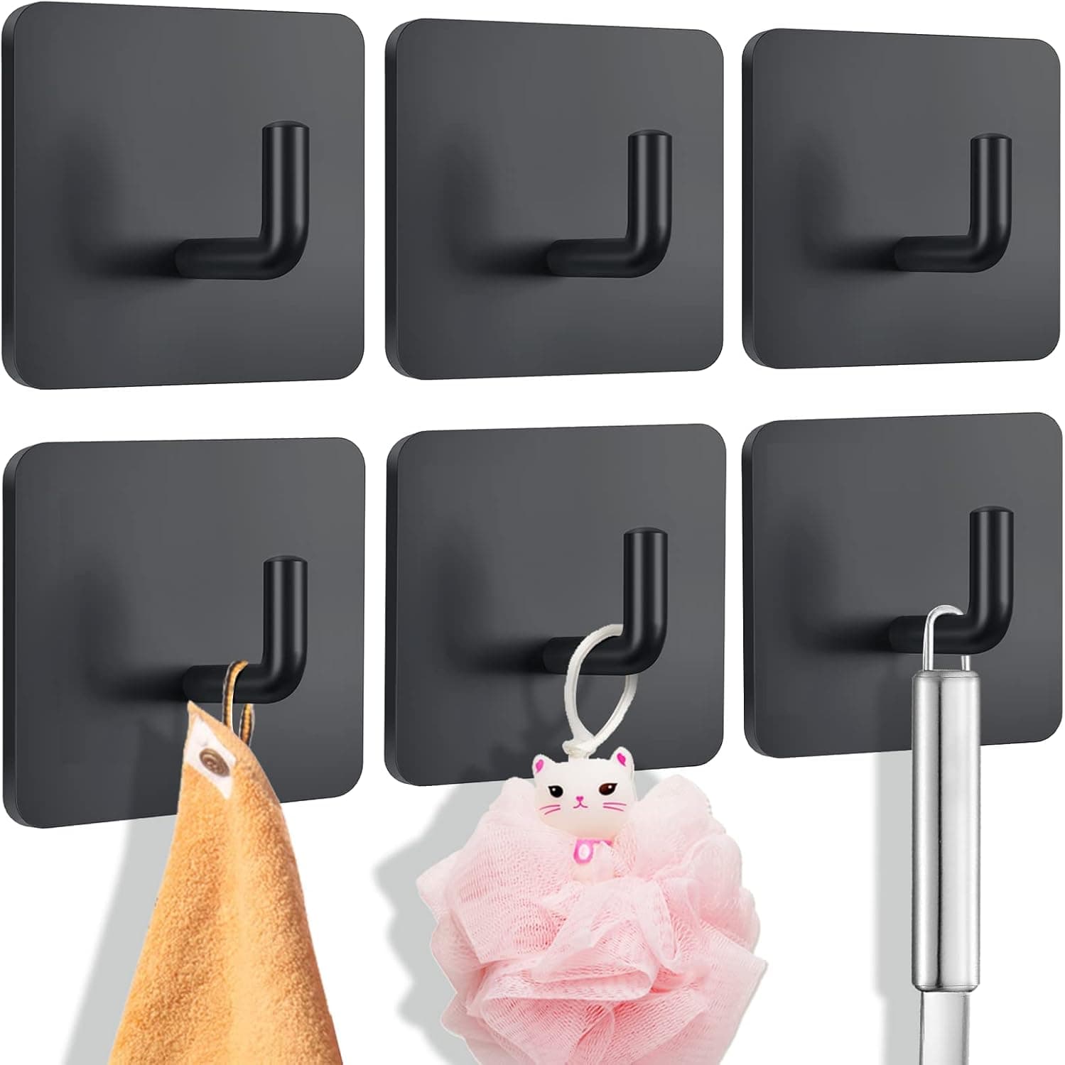 Adhesive Hooks Black Heavy Duty Stick on Wall Hooks Towel Hooks Door Hooks Waterproof Stainless Steel Adhesive Towel Hooks Adhesive Holders for Hanging Clothes Bathroom Adhesive Hook 6 Pack(Black)