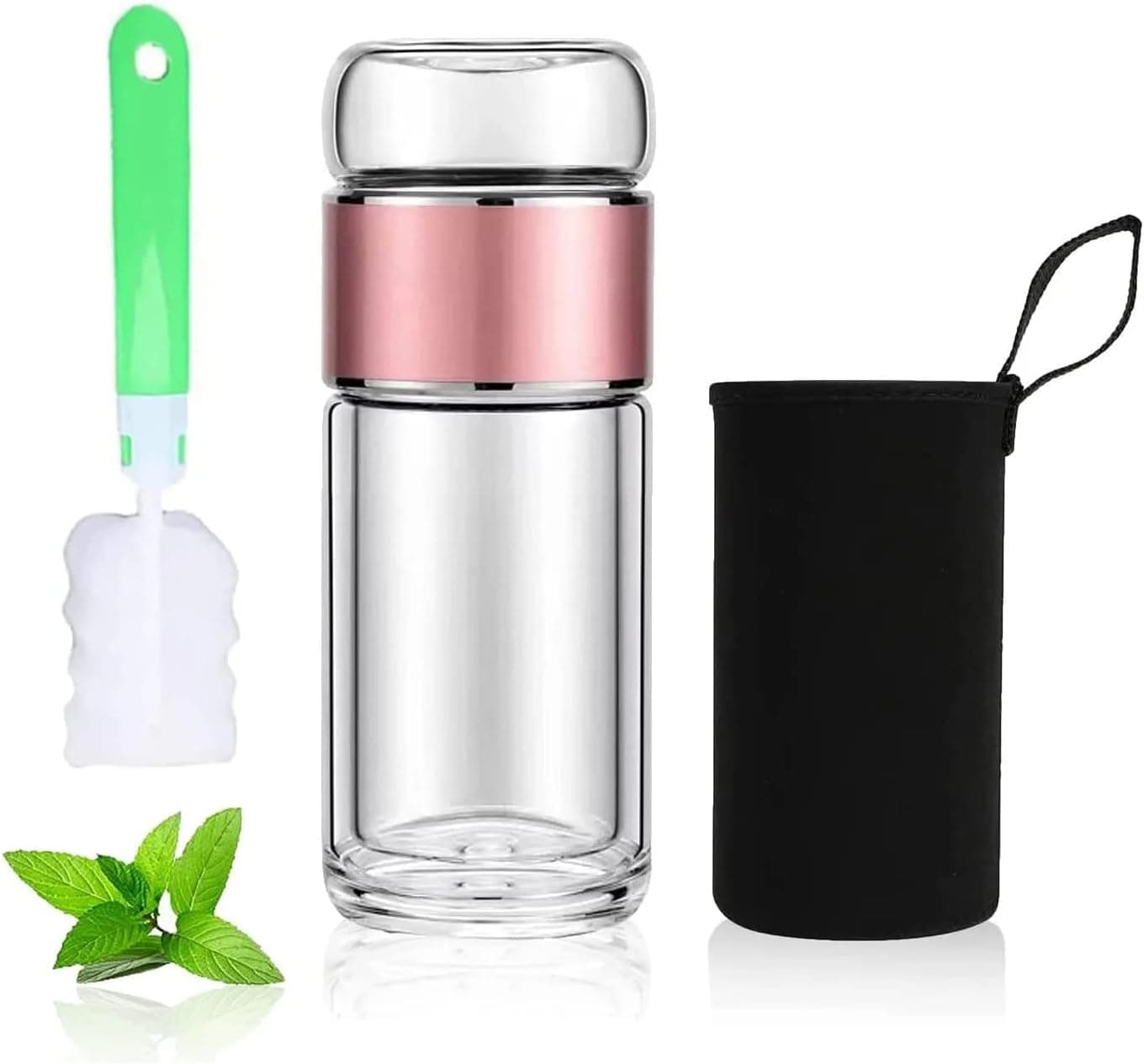 Snminetal Double Wall Glass Tea Bottle Cups-With Tea Infuser-BPA-Proof Glass Tea Tumbler Water Separation Tea Filter Cup, apply to Mountaineering,Go To School,Reusable Portable Glass (L-Pink)