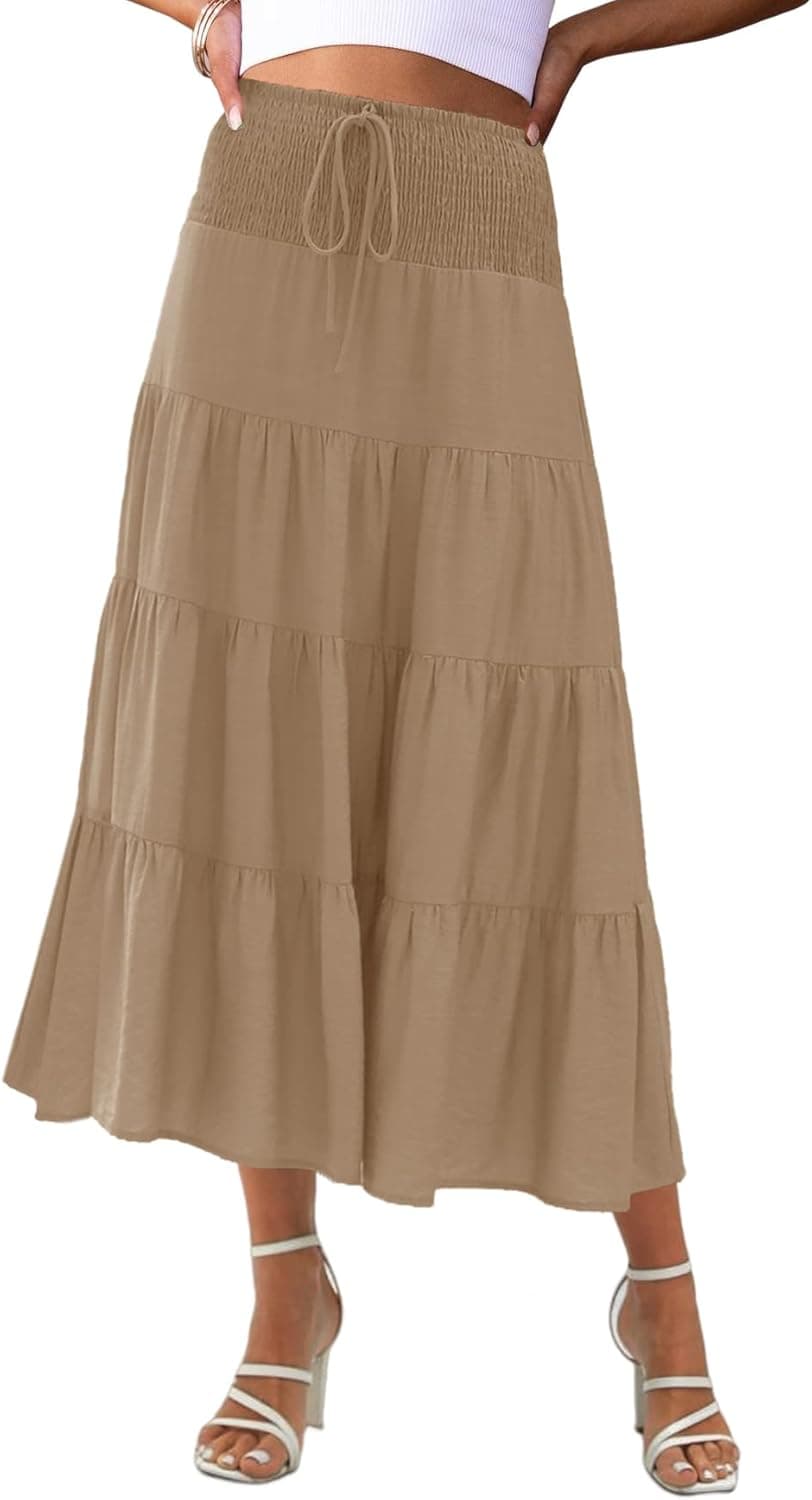 Women Tiered Skirts Smocked High Waist Maxi Beach Boho Skirt Spring Summer Flowy Long Skirt