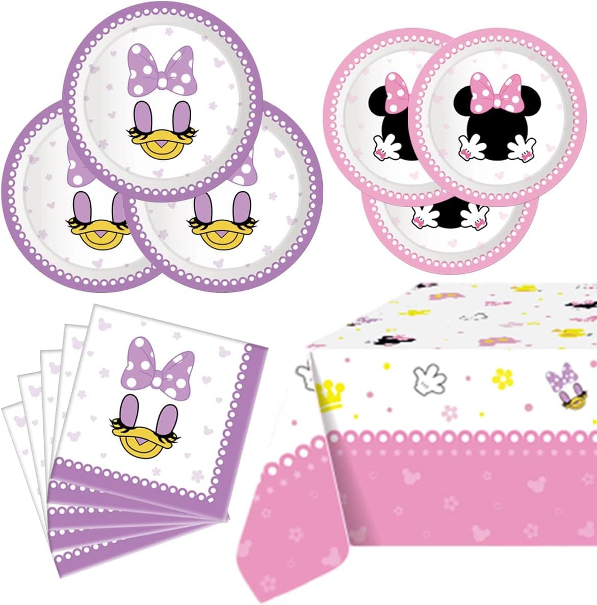 Party Cutlery Set For Minnie Mouse,16 pcs Paper Plates (8pcs 9 inch and 8pcs 7inch)-20 Napkin and Table Cloth 86” x 52”,Girl Minnie Birthday Party Decorate Supplies