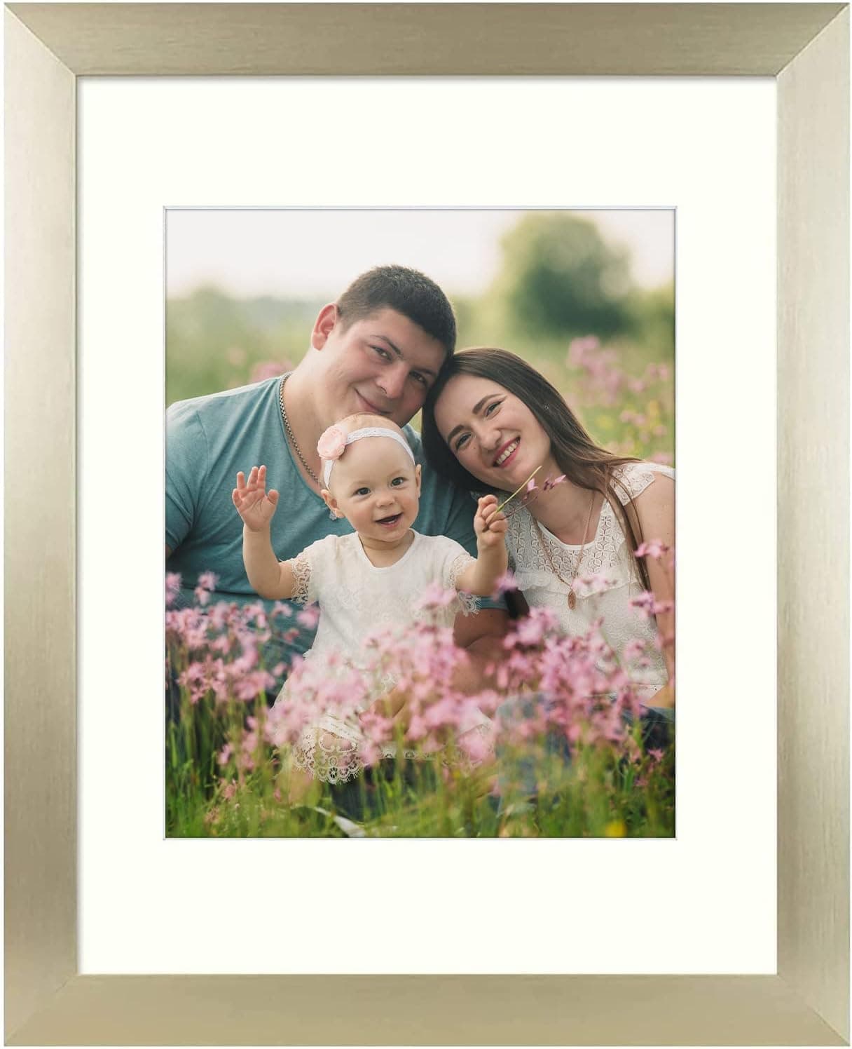 Frametory, 11x14 Metal Picture Frame Collection, Aluminum Photo Frame with Ivory Color Mat for 8x10 Picture or Without Mat & Real Glass (Gold)