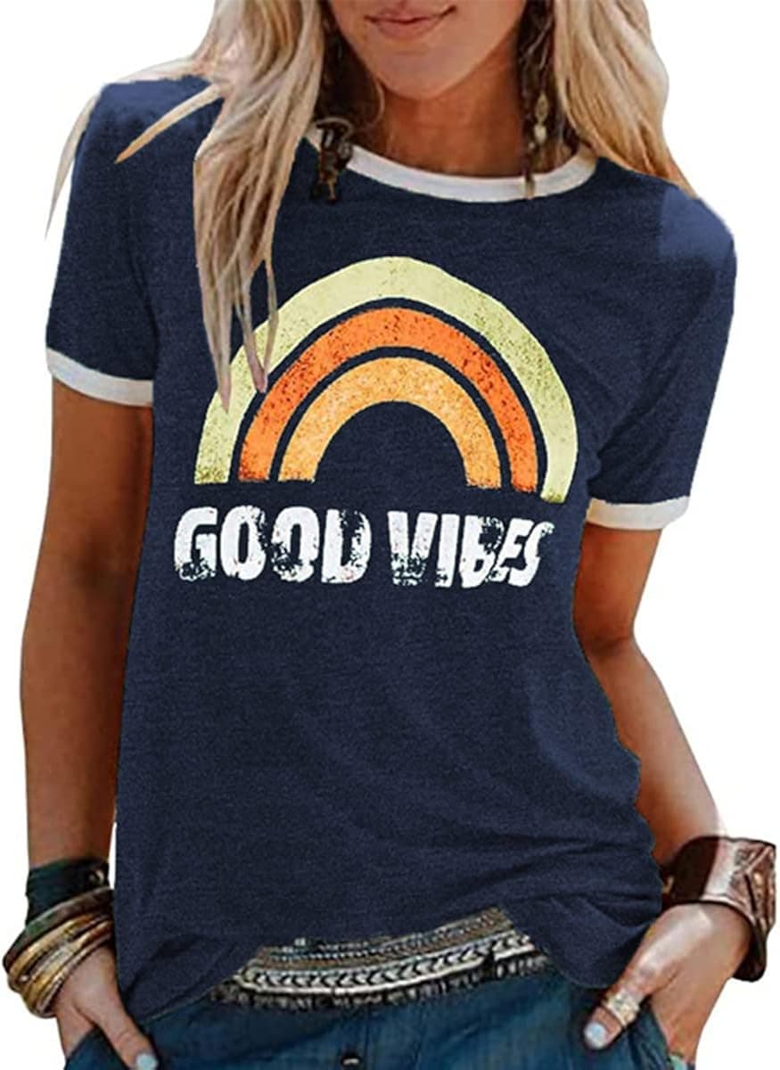 Womens Rainbow Graphic T-Shirt Summer Short Sleeve Crew Neck Blouse Funny Inspirational Tops