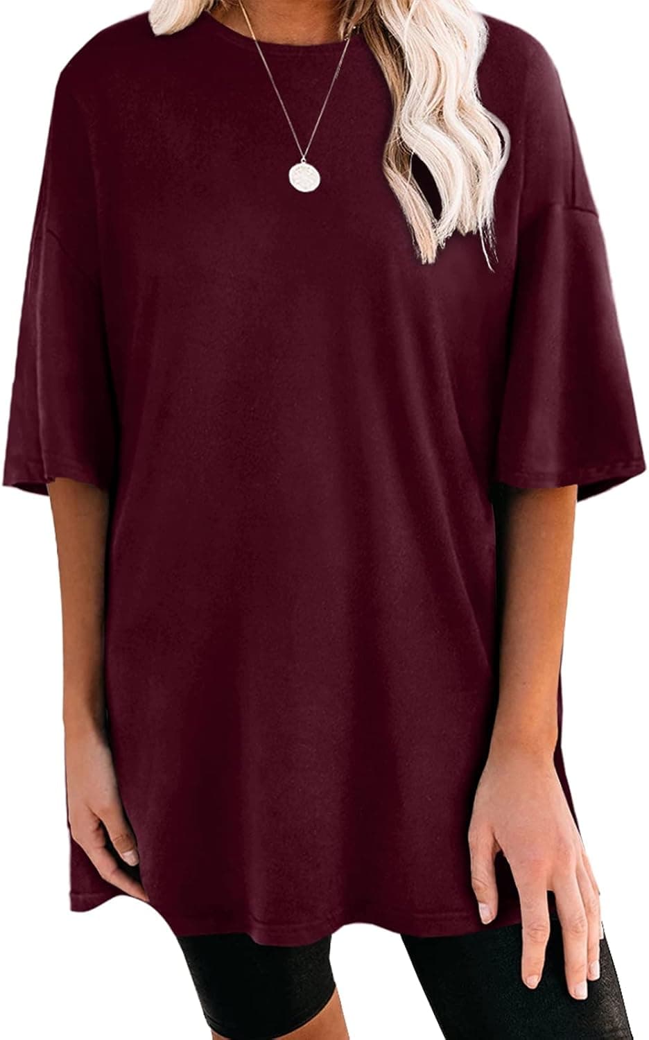 Lynwitkui Womens Oversized Flowy T Shirts Short Sleeve Crewneck Loose Shirts Summer Tunic Tops Wine Red