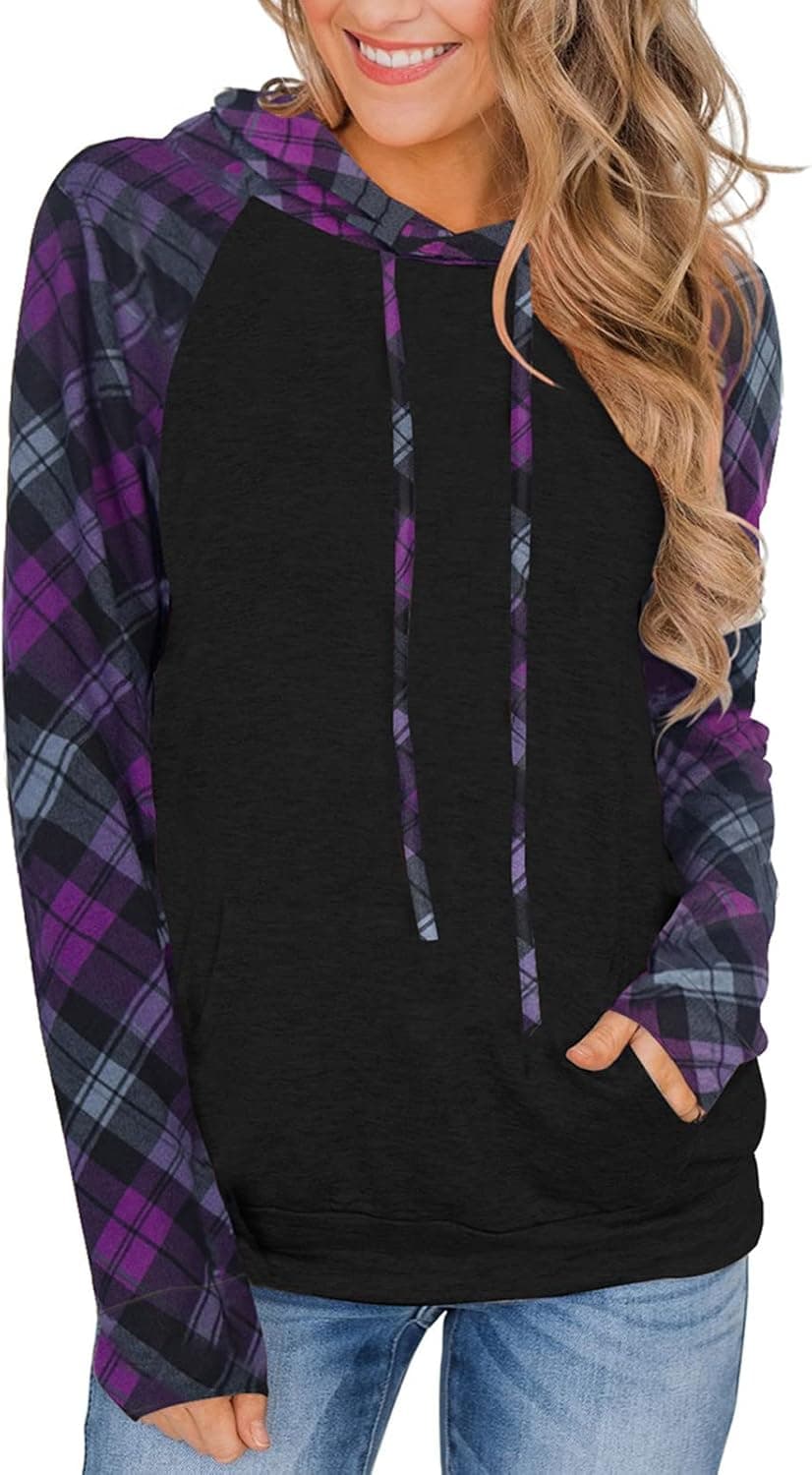 PINKMSTYLE Womens Color Block Hoodies Casual lightweight Drawstring Pullover Sweatshirt Fall Long Sleeve Tops with Pocket