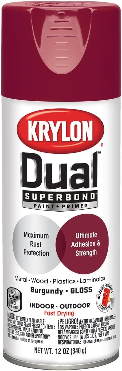 Krylon K08804007 'Dual' Superbond Paint and Primer, Gloss Burgundy, 12 Ounce