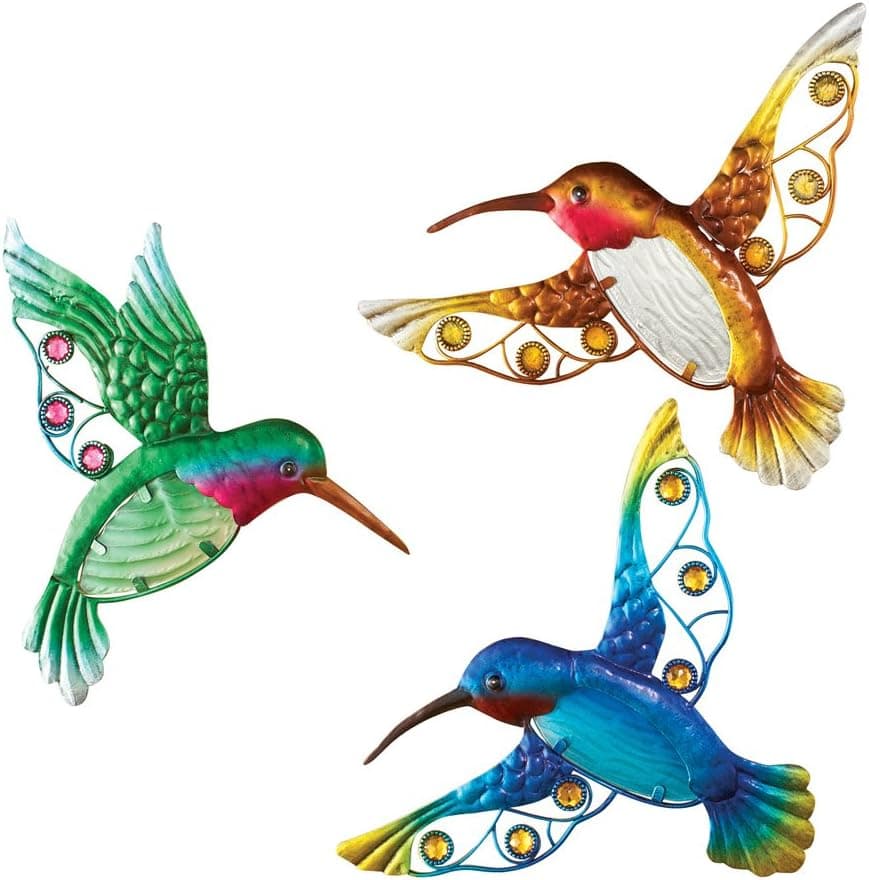 Collections Etc Glass Hummingbirds Outdoor Wall Art - Set of 3 10.75" x 0.5" x 9.5"