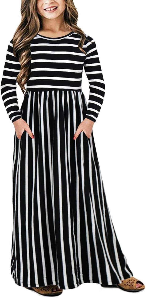 GORLYA Girl's Long Sleeve Floral Print Loose Casual Holiday Long Maxi Dress with Pockets 4-12 Years