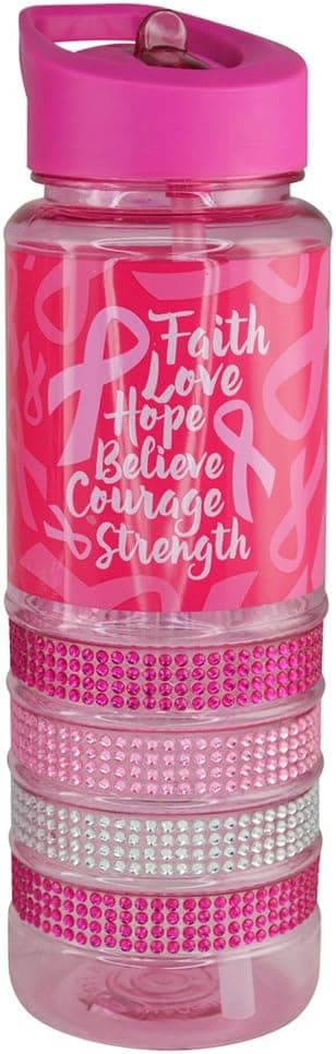 Novelty, Inc. 24 oz. Water Bottle with Straw, Rhinestone Encrusted, Breast Cancer Awareness Pink Power