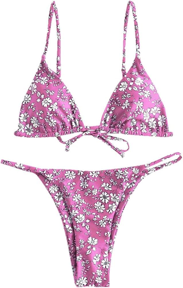 ZAFUL Women's Ribbed Floral String Low Waisted Padded Bikini Set Two Piece Swimsuit