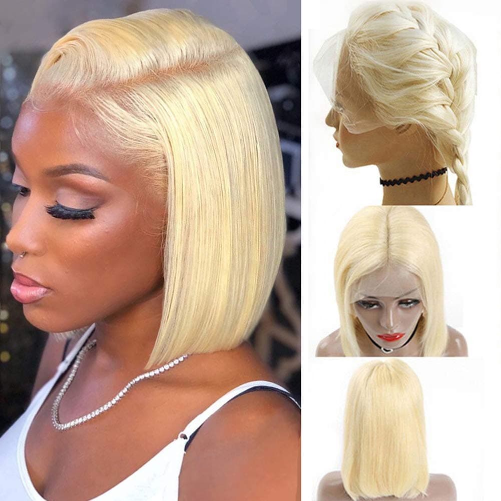 Blonde 13x6 Lace Front Wigs Upgrade #613 Virgin Human Hair Pre plucked Deep Parting Straight 150% Density 16 Inch Bleached Knots Glueless Bob Wigs with Baby Hair Pre Plucked Swiss Lace for Women