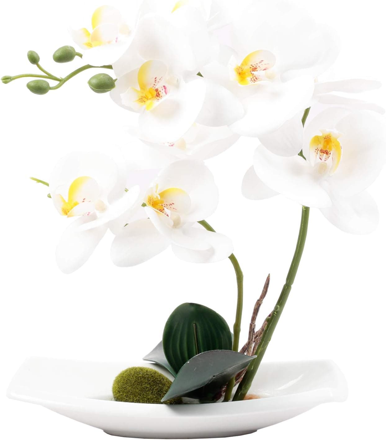 Homcomoda Artificial Flowers with Vase Fake Phalaenopsis Orchid Bonsai Arrangement for Home Party Décor (White)